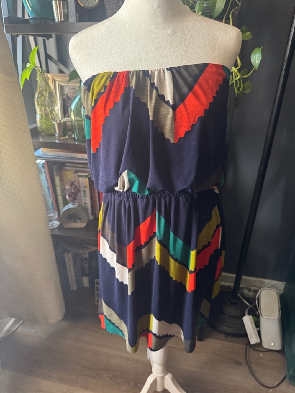 Three Hearts Strapless Navy Dress with Red, Yellow, Teal, and Cream Zigzag Print